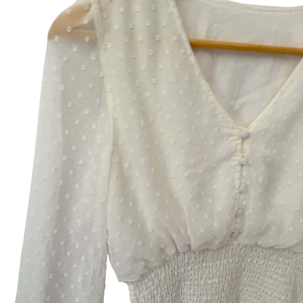 White Swiss Dot Smocked Waist Long Sleeve Blouse Cottagecore Romantic Top
